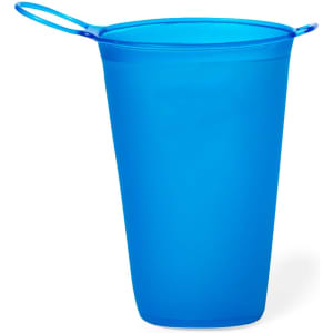A foldable cup in bright blue with a handle, designed for easy storage. Features a simple logo.