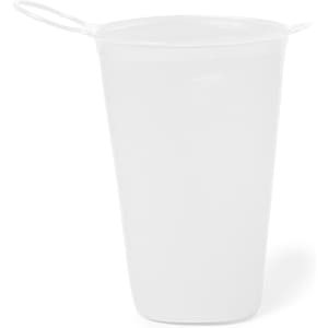 A foldable cup in clear plastic featuring a handle, designed for easy storage and portability.