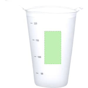A foldable plastic cup in clear with measurement markings and a green area on the front, featuring a logo.