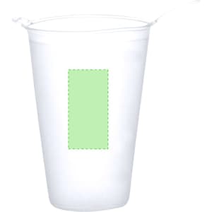A foldable plastic cup in transparent white with a green rectangular area, featuring a branding logo.