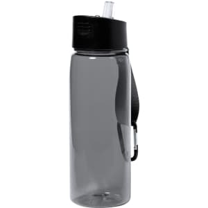 A drink bottle in a translucent grey colour with a black lid and a straw, featuring a carrying strap.