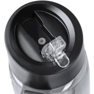 A drink bottle with a clear body and black lid, featuring a spout for easy sipping and a secure closure mechanism.