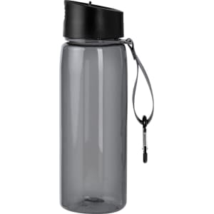 A drink bottle with a sleek grey design and a black lid, featuring a strap for easy carrying.