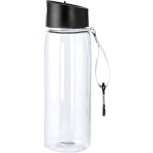 A drink bottle in clear plastic with a black lid and a carrying strap, featuring a logo.