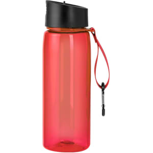 A drink bottle in vibrant red with a black lid and a red strap, featuring a branding logo.