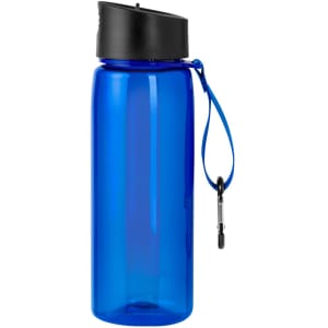 A drink bottle in transparent blue with a black cap and a blue strap, featuring a logo on the side.