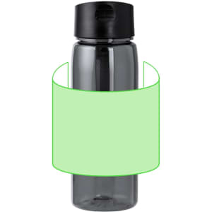 A drink bottle made of clear grey plastic with a black lid and a carry strap, featuring a blank area for customisation.