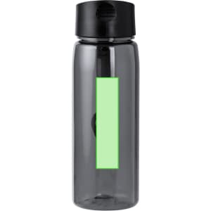 A drink bottle in grey with a black lid and a blank green label strip. Features a logo on the cap.