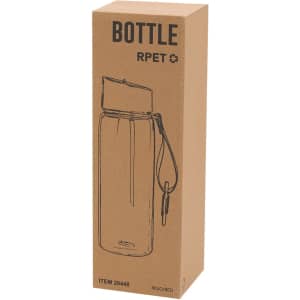 A drink bottle in a transparent design, featuring a red cap and a strap, displayed in a simple cardboard box with a logo.
