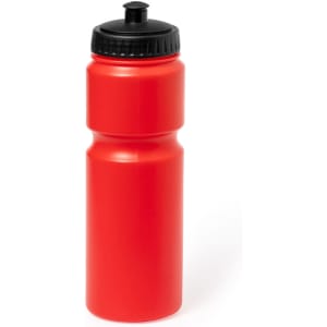 A drink bottle in vibrant red with a black lid, featuring a simple design and a logo.