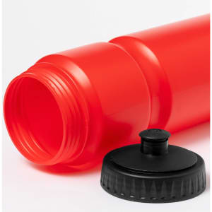 A drink bottle in bright red with a black screw-on cap, featuring a logo on the side.