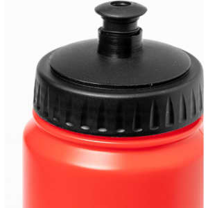 A drink bottle in vibrant red with a black screw-top cap and a ridged design. It features a logo on the body.