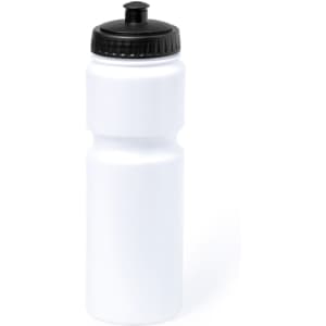 A drink bottle in white with a black lid, featuring a sports-style nozzle and a logo.