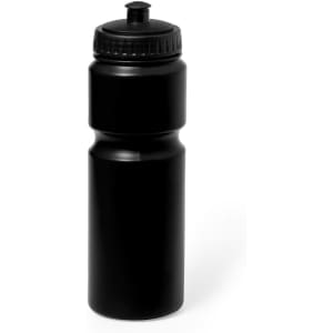 A drink bottle in black with a textured lid and a squeeze nozzle, featuring a simple design and a logo.