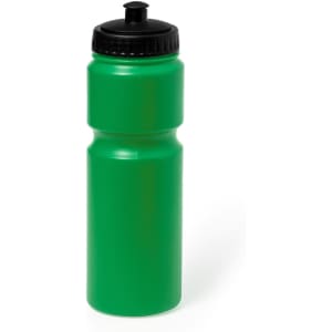 A drink bottle in vibrant green with a black cap, featuring a sleek design and a logo.