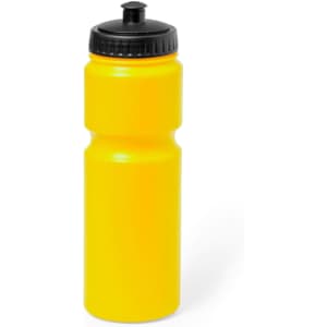 A drink bottle in bright yellow with a black screw lid, featuring a simple design and a logo.