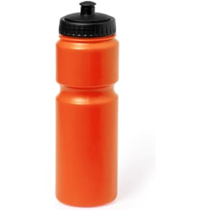 An orange drink bottle with a black lid. The bottle has a sleek, cylindrical design and features a logo.