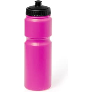 A drink bottle in bright pink with a black lid and a logo on the side.