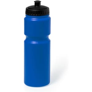 A drink bottle in vibrant blue with a black cap and a logo on the side.