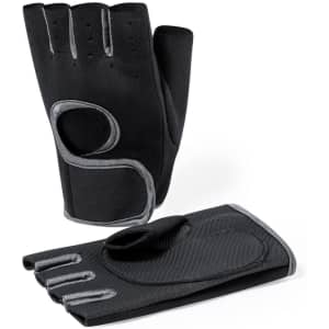 Black sports gloves with open fingers and grey accents, featuring a logo on the wrist area.