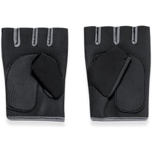 Fingerless black gloves with a textured design and padded areas, featuring grey accents and a logo.