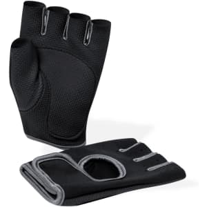A pair of black fingerless gloves with grey detailing and a textured surface. Features a logo on one glove.