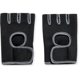 A pair of black sport gloves with grey accents, featuring fingerless design and reinforced palm areas.