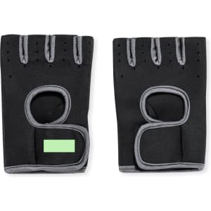A pair of black sport gloves with grey accents and fingerless design, featuring a logo on one glove.