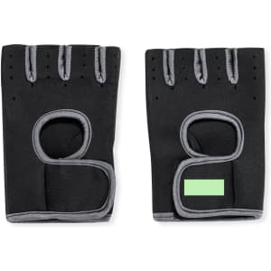 Black fingerless gloves with grey accents and a logo, featuring cut-out sections for the thumb and palm.