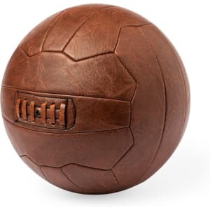 A brown, textured sports ball featuring a stitching detail and a logo, designed for leisure and outdoor activities.