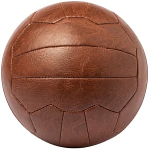 A brown leather sports ball featuring a classic stitched pattern and a circular shape.