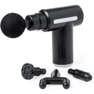 A black massager with interchangeable attachments, featuring a rounded ball and various massage heads.