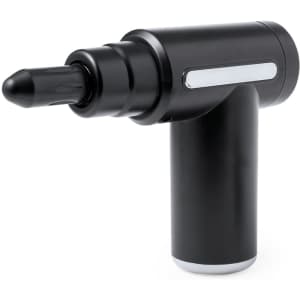 A handheld massager in black with a sleek design and a rounded tip. It features a chrome accent and a logo.