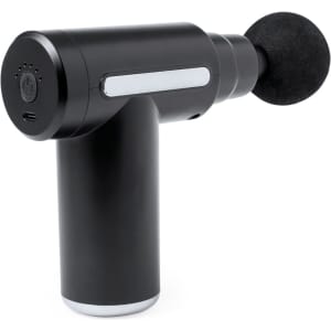 A black massager featuring a cylindrical body and a round applicator head, with a logo visible on the handle.
