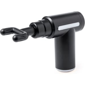 A black massager with a unique dual-pronged attachment, featuring a sleek design and an ergonomic handle.