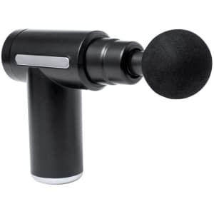 A black massager product with a round tip, featuring a sleek design and a silver accent. It has a branding logo.
