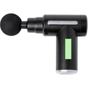 A black massager with a green accent and a round attachment, designed for muscle relief and relaxation.