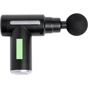 A black massager with a green accent and a round attachment, featuring a sleek design and a branding logo.