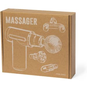 A brown box containing a massager with illustrations of various attachments on the front.