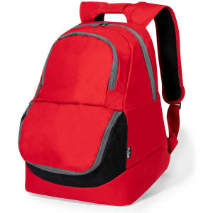 A red backpack with grey accents, featuring multiple compartments and a padded back and shoulder straps.