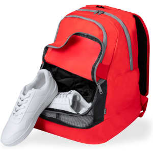 A red backpack with grey accents and a front compartment holding white sneakers inside. It features a logo.