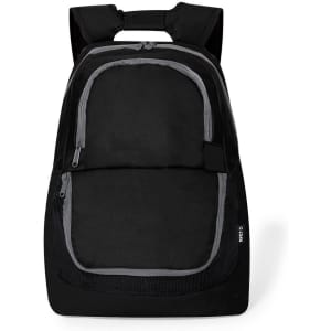 A black backpack featuring a front zippered pocket and a logo. It has padded shoulder straps and a top handle.