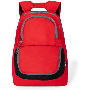 A red backpack featuring multiple compartments, with grey accents and a logo on the front.