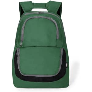 A green backpack with grey accents and multiple pockets, featuring a logo on the front.
