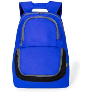 A blue backpack with grey accents and multiple zippered compartments. It has padded shoulder straps and a carrying handle.