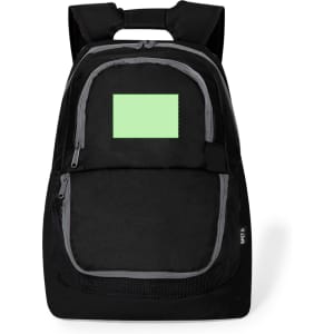 A black backpack featuring grey accents and a front pocket with a blank area. It has a logo or branding.