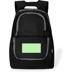 A black backpack with grey accents and a blank patch for customization. It has zippers and padded straps.
