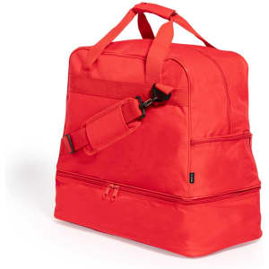 A red duffle bag with a shoulder strap and a zippered compartment, featuring a logo on the side.