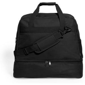 A black duffle bag with sturdy handles and a removable shoulder strap, featuring a zippered compartment.