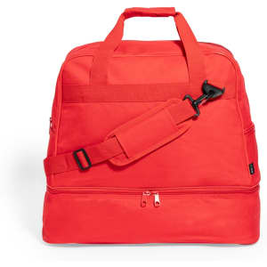 A bright red duffle bag with a shoulder strap, featuring a zippered compartment and sturdy handles.